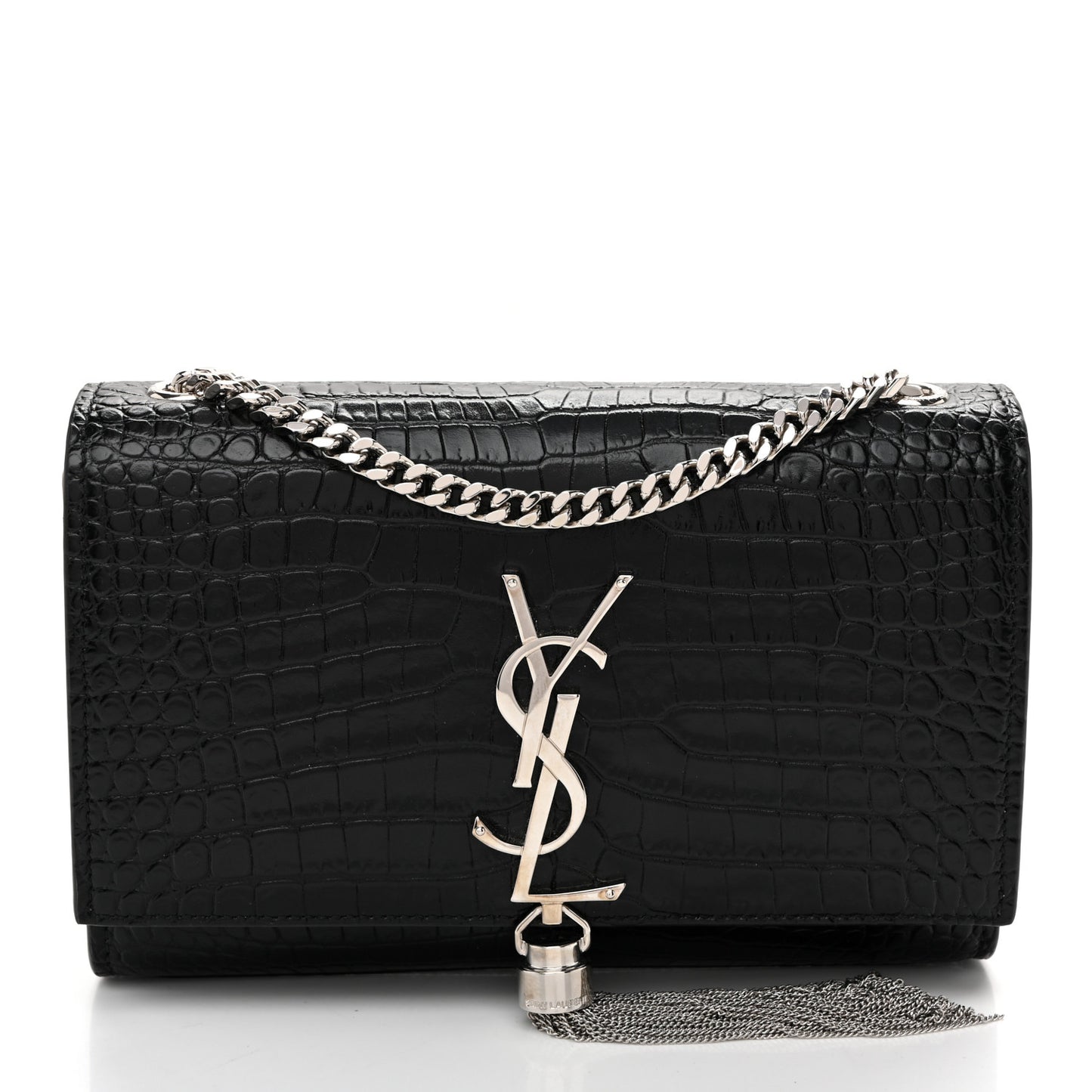 Calfskin Crocodile Embossed Small Classic Monogram Kate Tassel Satchel Black