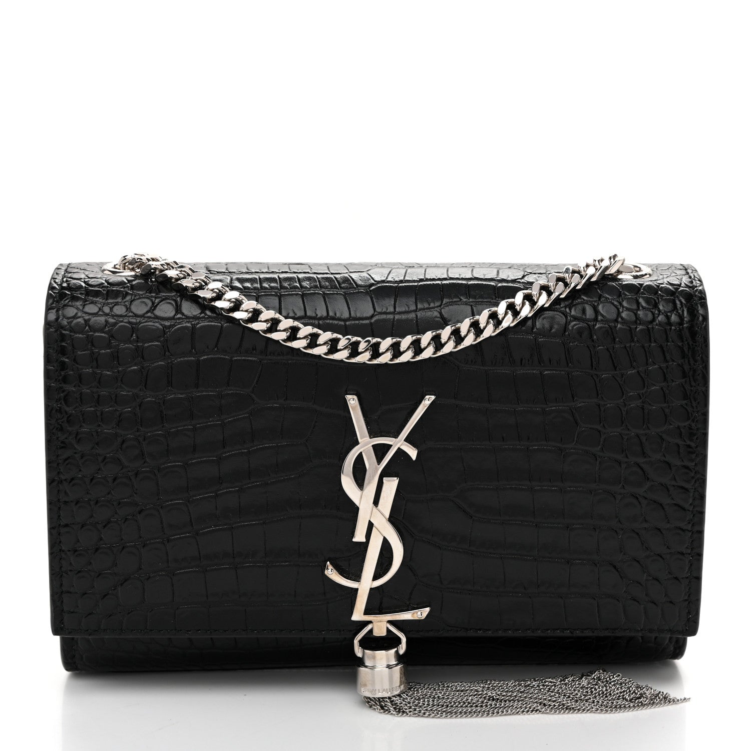 Saint Laurent Calfskin Crocodile Embossed Small Classic Monogram Kate Tassel Satchel Black 1 of 9