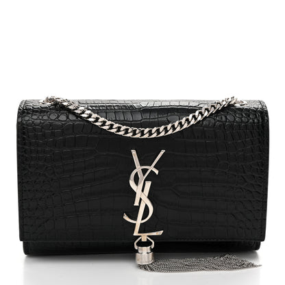Saint Laurent Calfskin Crocodile Embossed Small Classic Monogram Kate Tassel Satchel Black 1 of 9