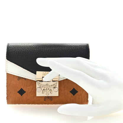 MCM Calfskin Visetos Monogram Patricia Color Block Trifold Wallet Cognac Black White 2 of 6