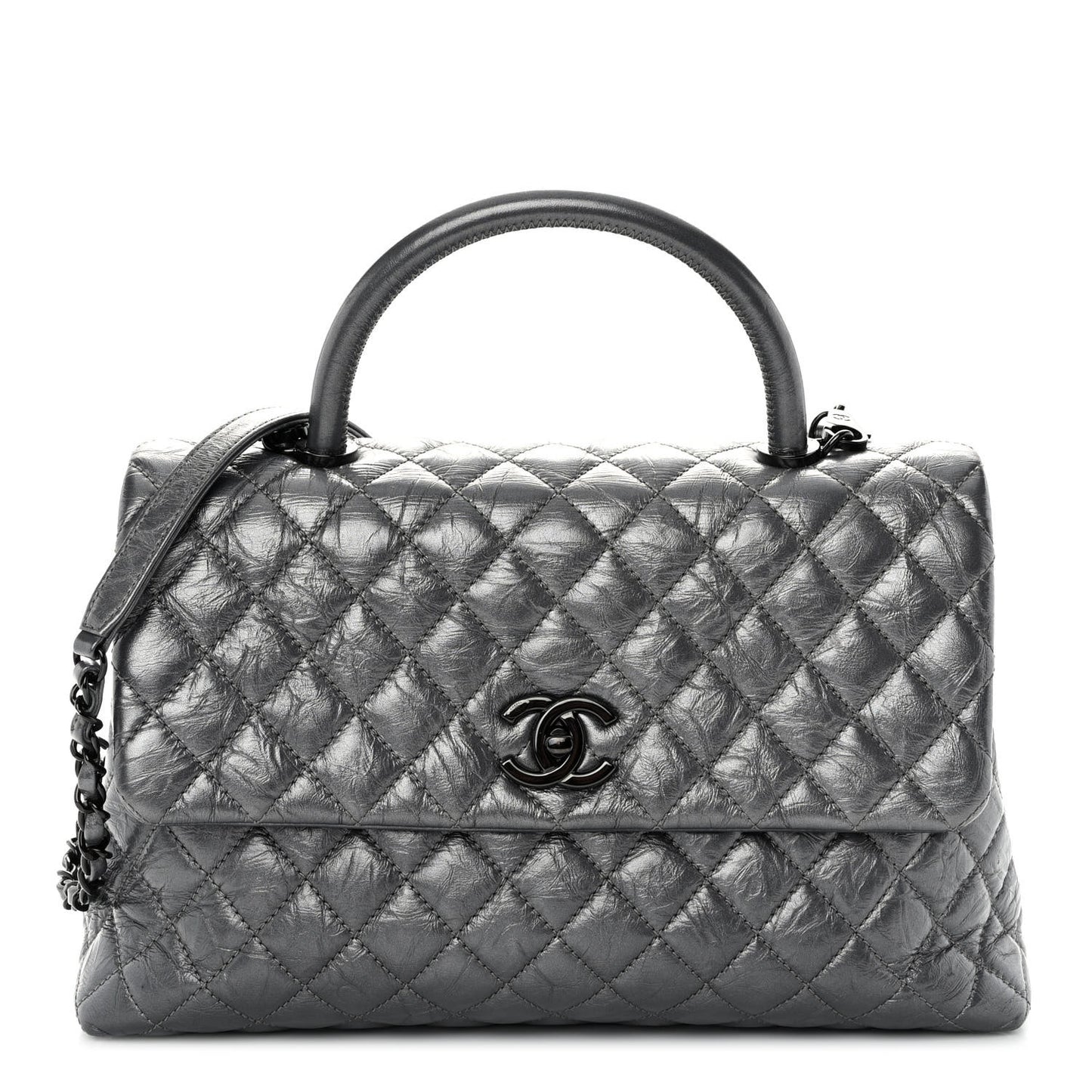 Metallic Aged Calfskin Quilted Medium Coco Handle Flap Charcoal