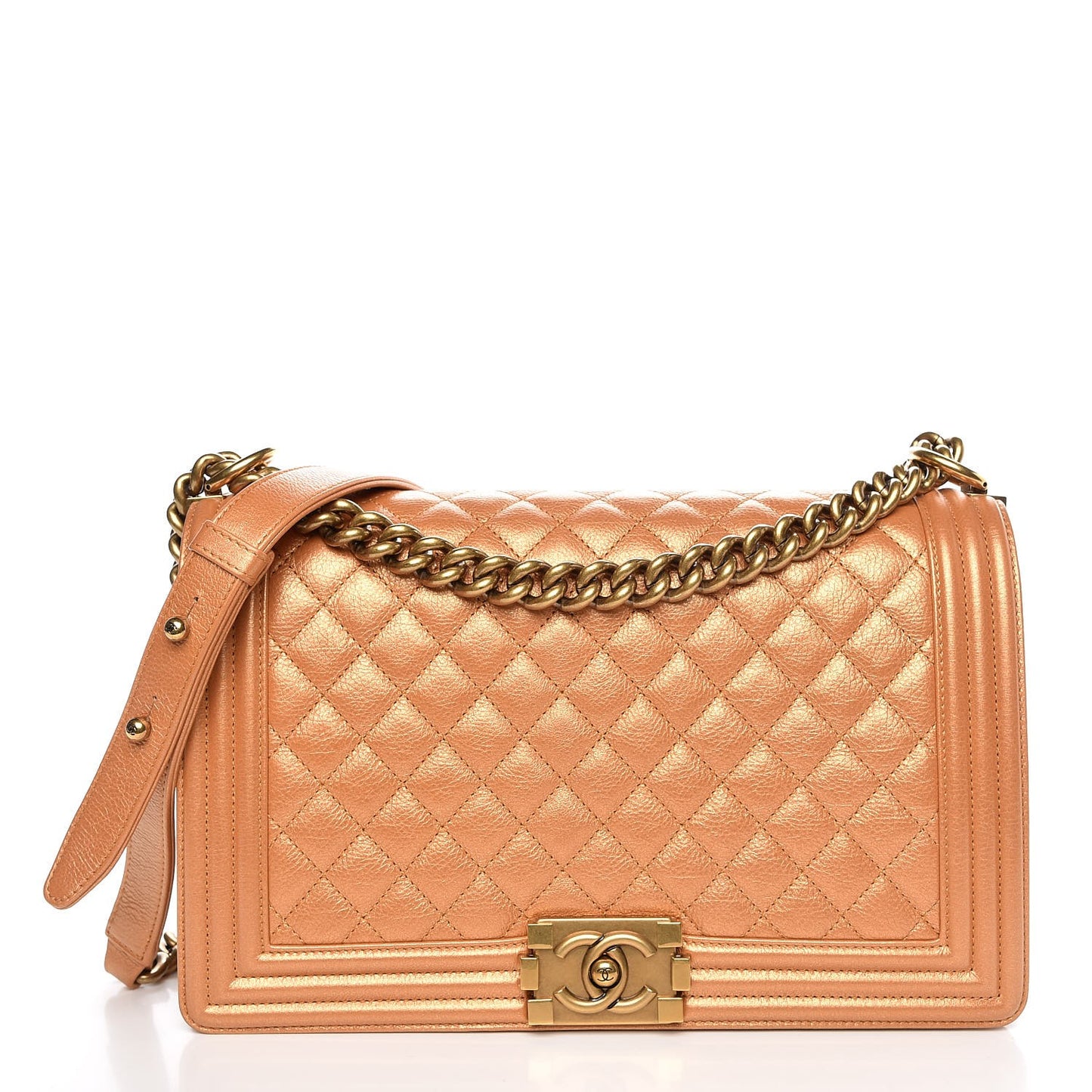 Metallic Calfskin Quilted New Medium Boy Flap Dark Gold