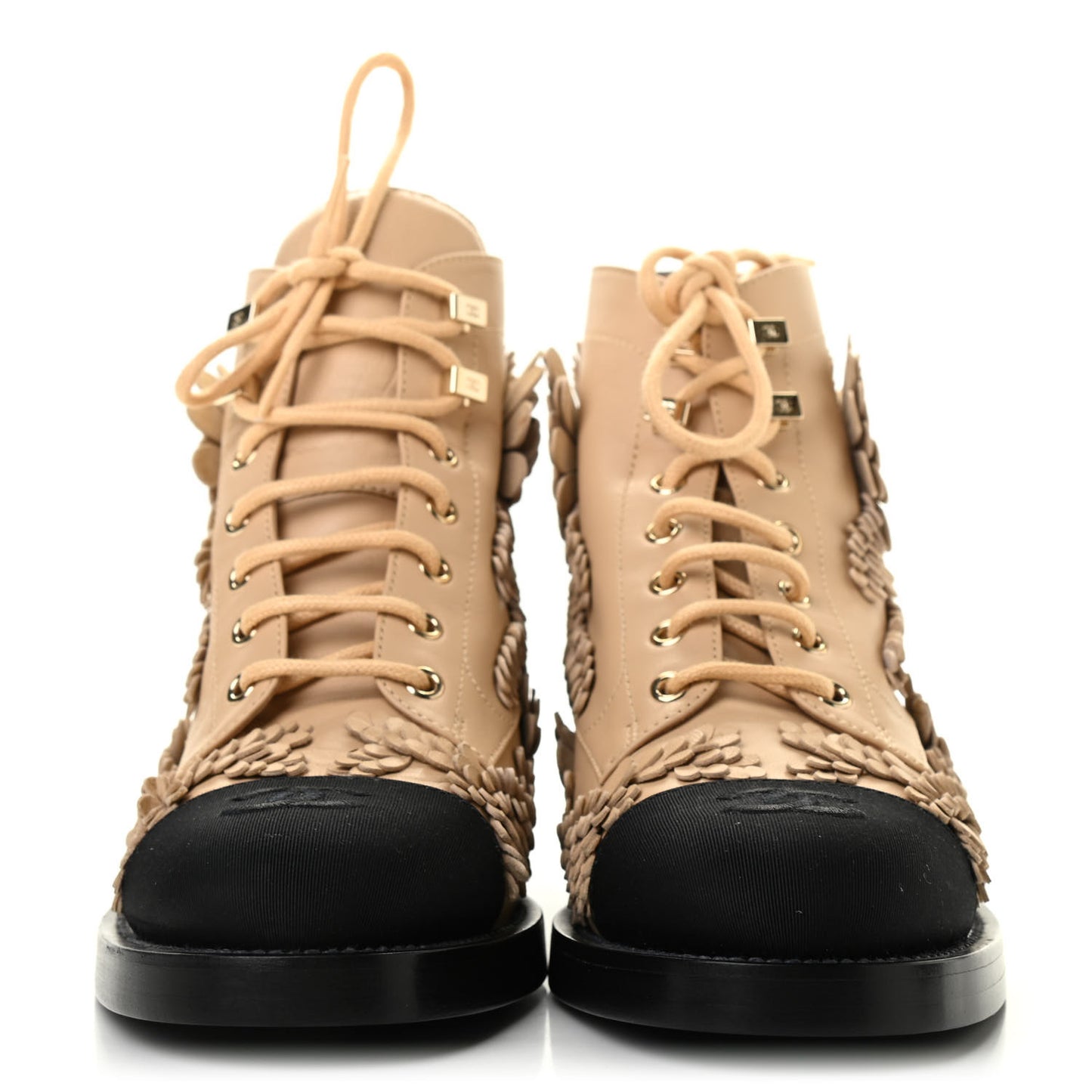 Embroidered Lambskin Grosgrain Lace Up Boots 38 Beige Black