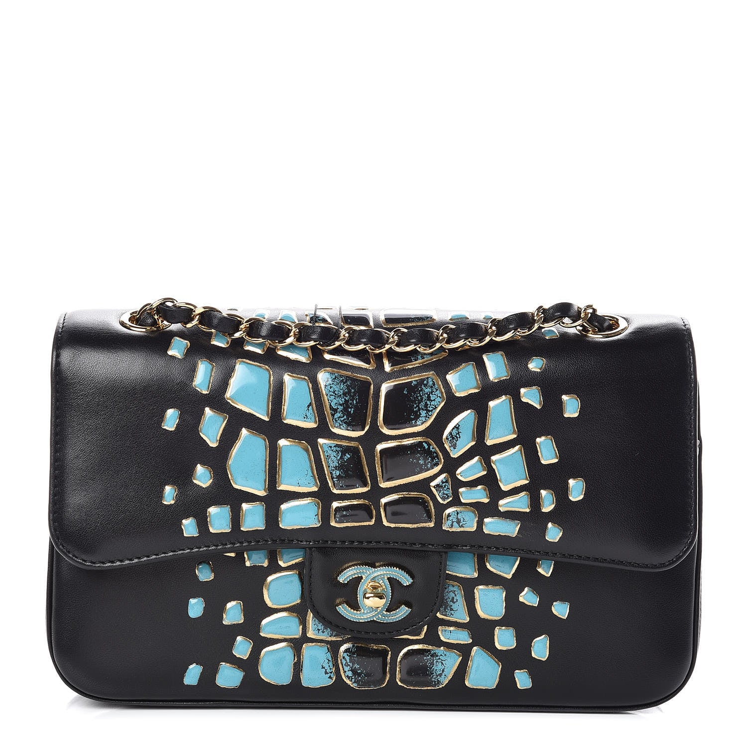 Chanel Lambskin Resin Medium Double Flap Black Turquoise 1 of 10