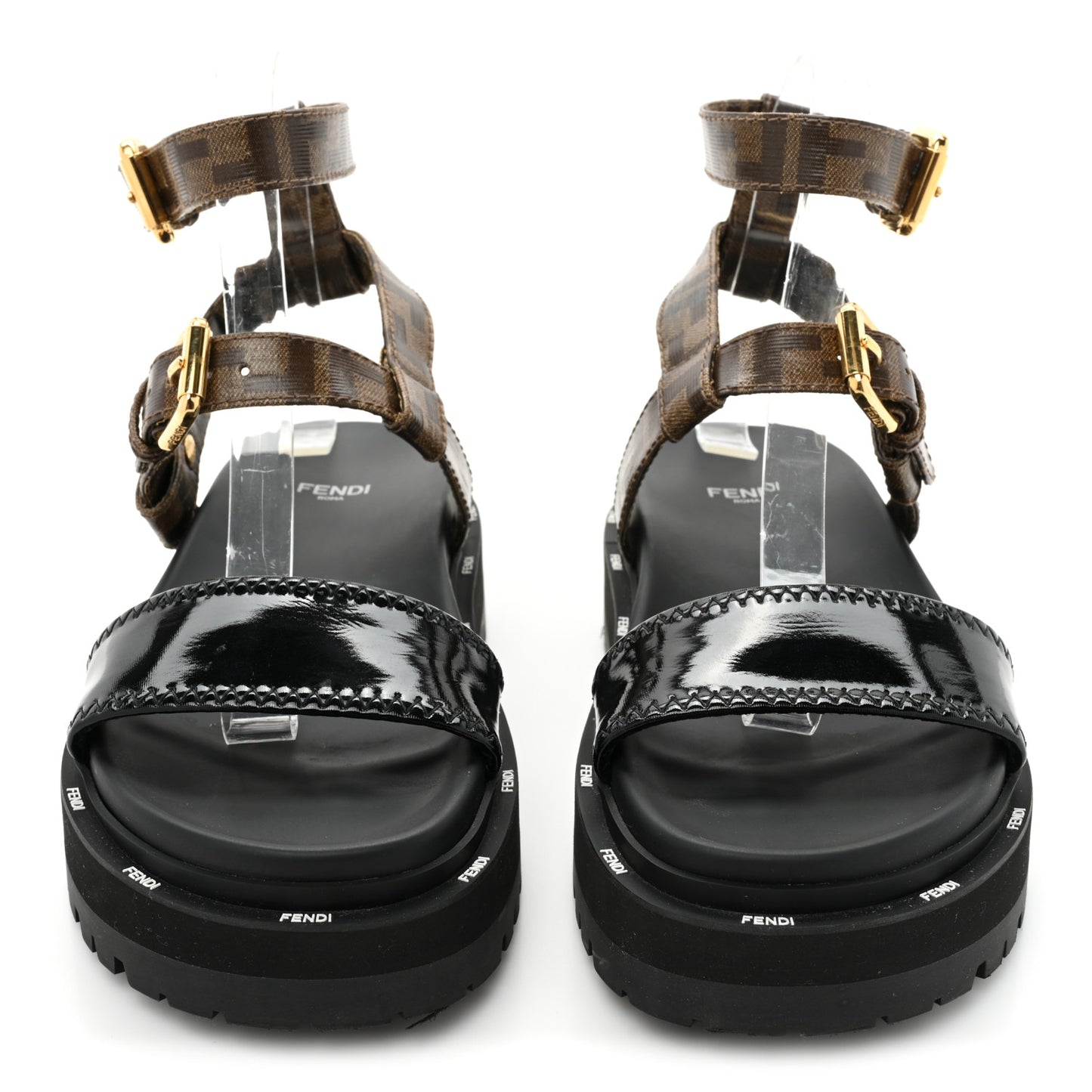 Vernice High-Tech Glazed Fabric FF Lug Sole Platform Sandals 37.5 Black Tobacco Moro
