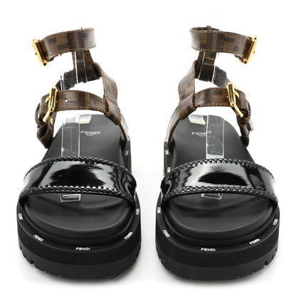 Fendi Vernice High-Tech Glazed Fabric FF Lug Sole Platform Sandals 37.5 Black Tobacco Moro 2 of 7