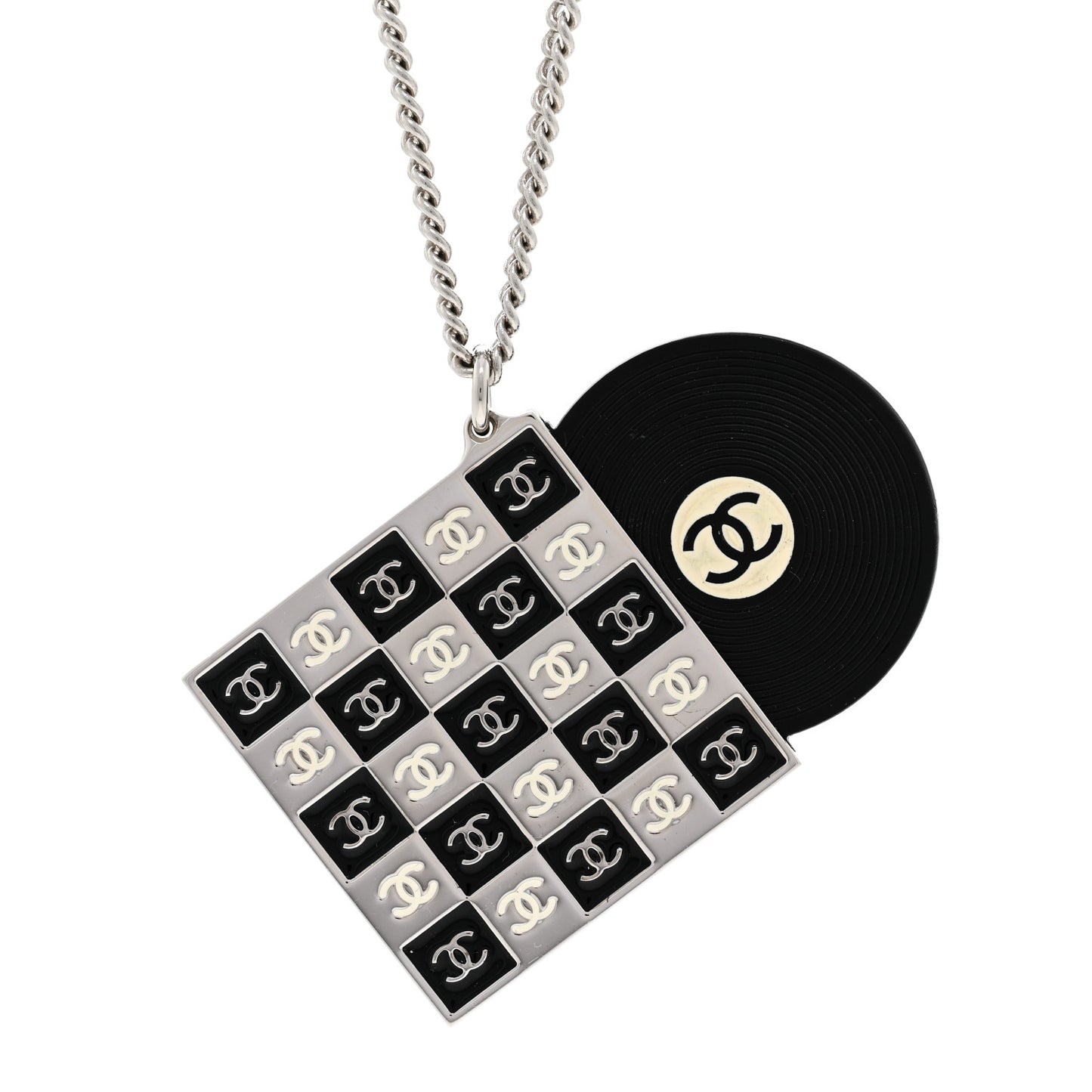 Metal Resin CC Vinyl Record Player Necklace Black White