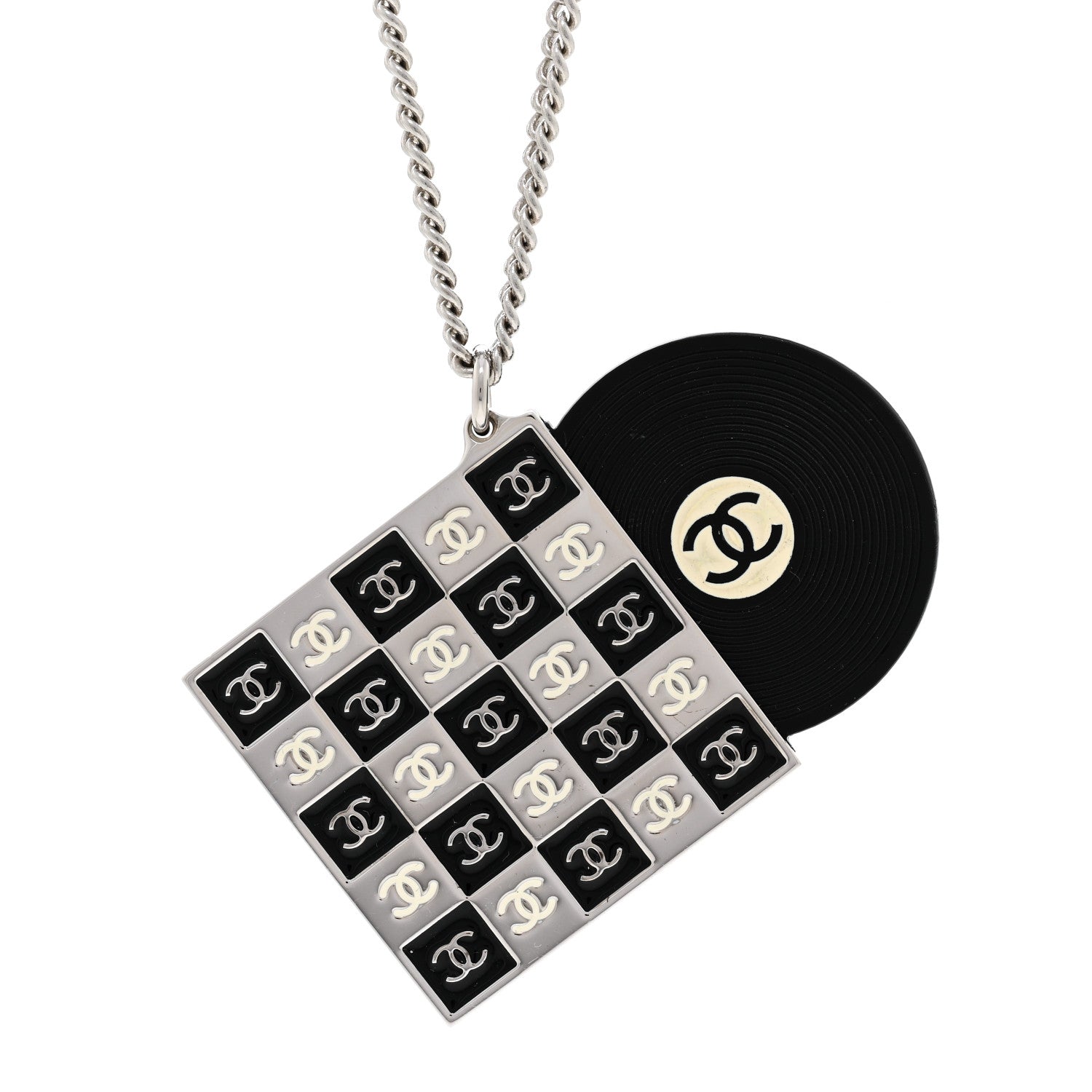 Chanel Metal Resin CC Vinyl Record Player Necklace Black White 4 of 6