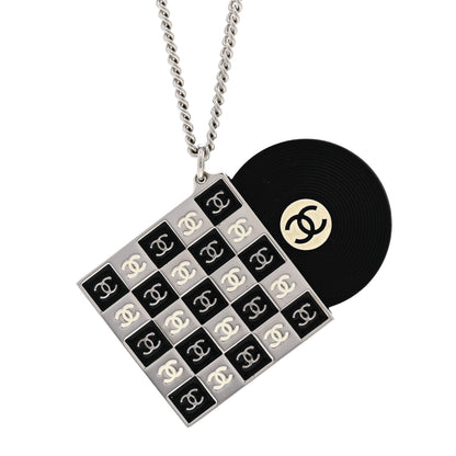 Chanel Metal Resin CC Vinyl Record Player Necklace Black White 4 of 6