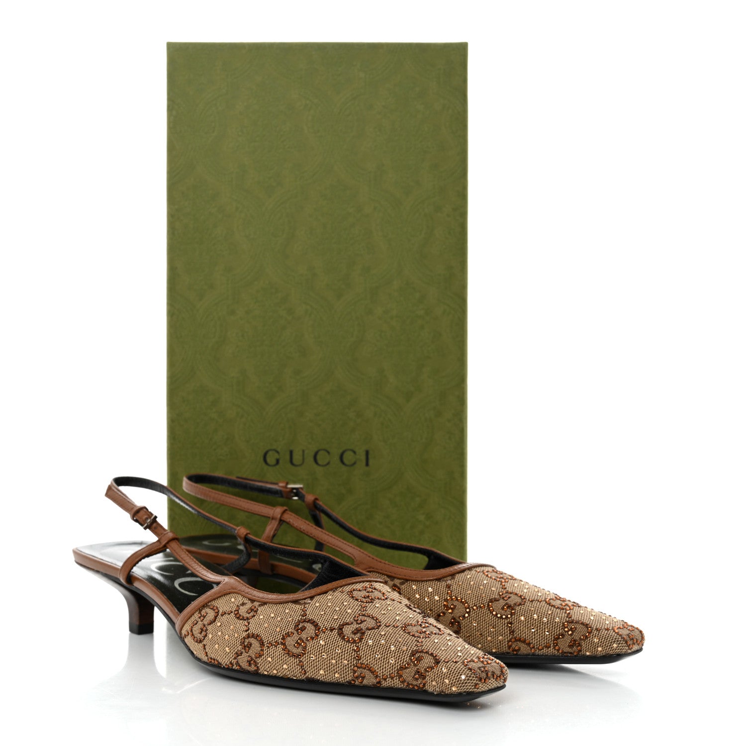 Gucci GG Monogram Malaga Kid Crystal Square G 35mm Slingback Pumps 37.5 Camel Ebony Cuir 9 of 9