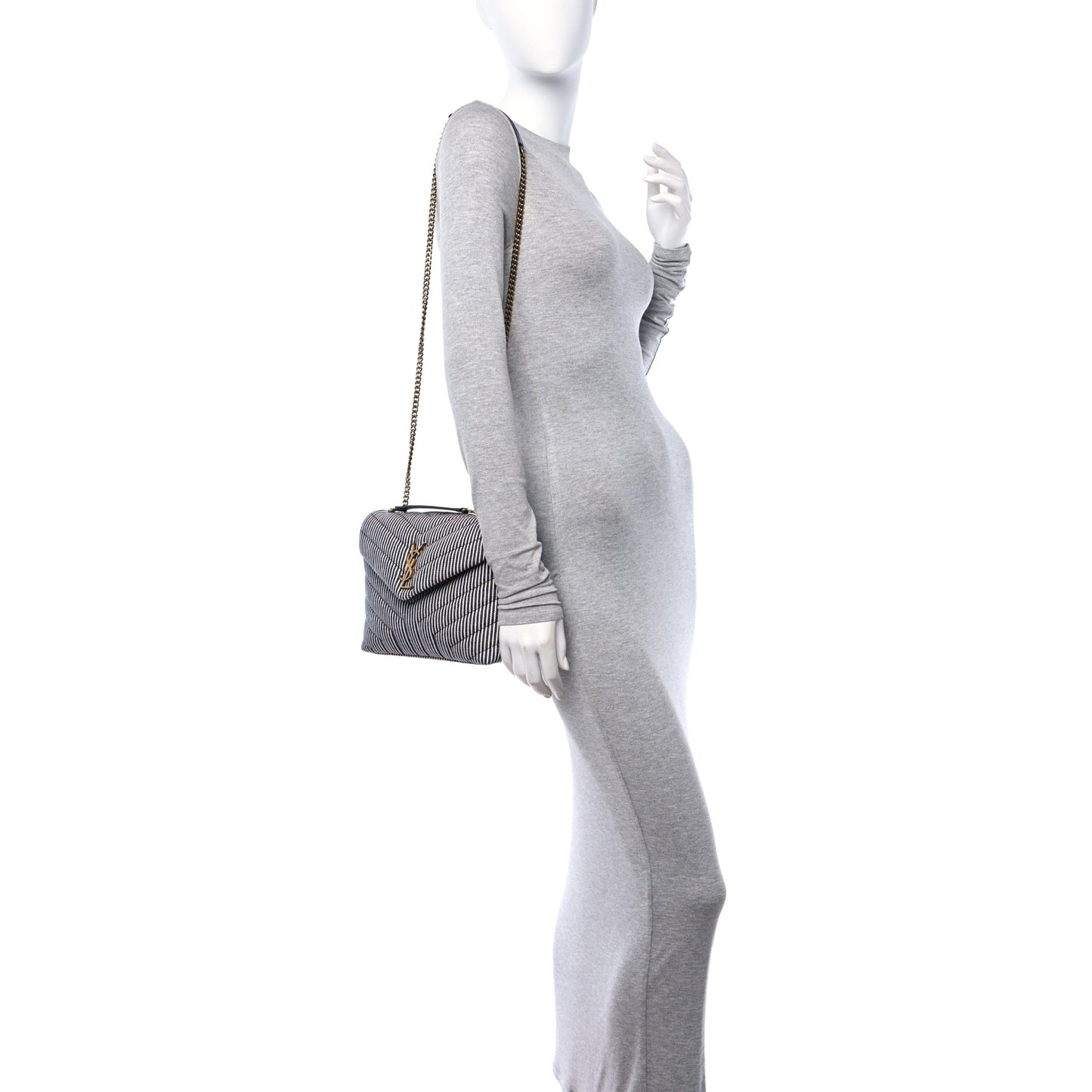 Striped Denim Y Quilted Monogram Small Loulou Chain Satchel Marine Vintage White