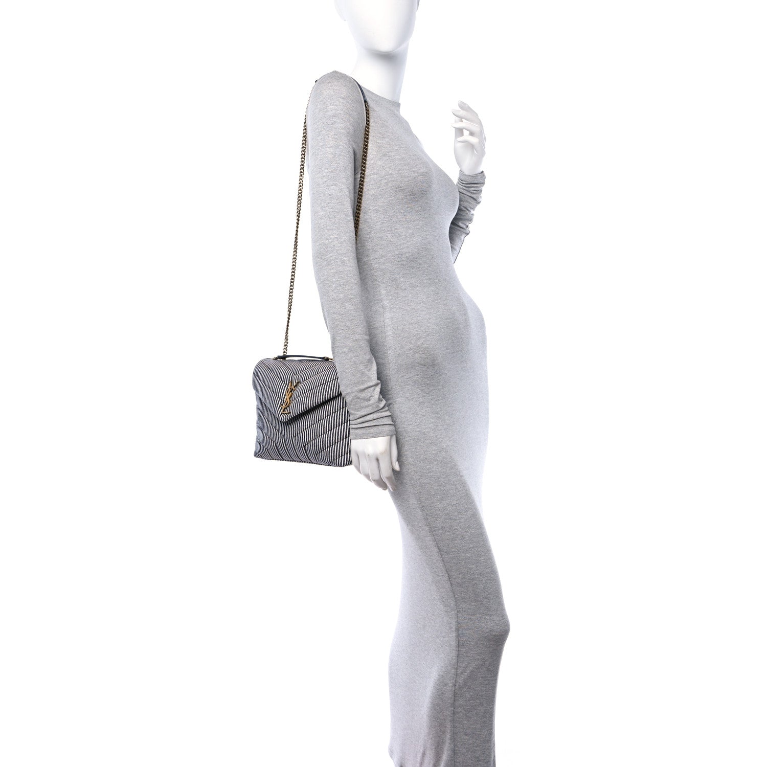 Saint Laurent Striped Denim Y Quilted Monogram Small Loulou Chain Satchel Marine Vintage White 2 of 12