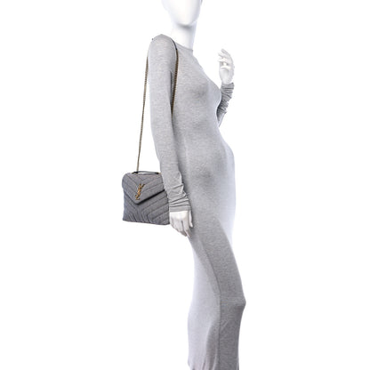 Saint Laurent Striped Denim Y Quilted Monogram Small Loulou Chain Satchel Marine Vintage White 2 of 12