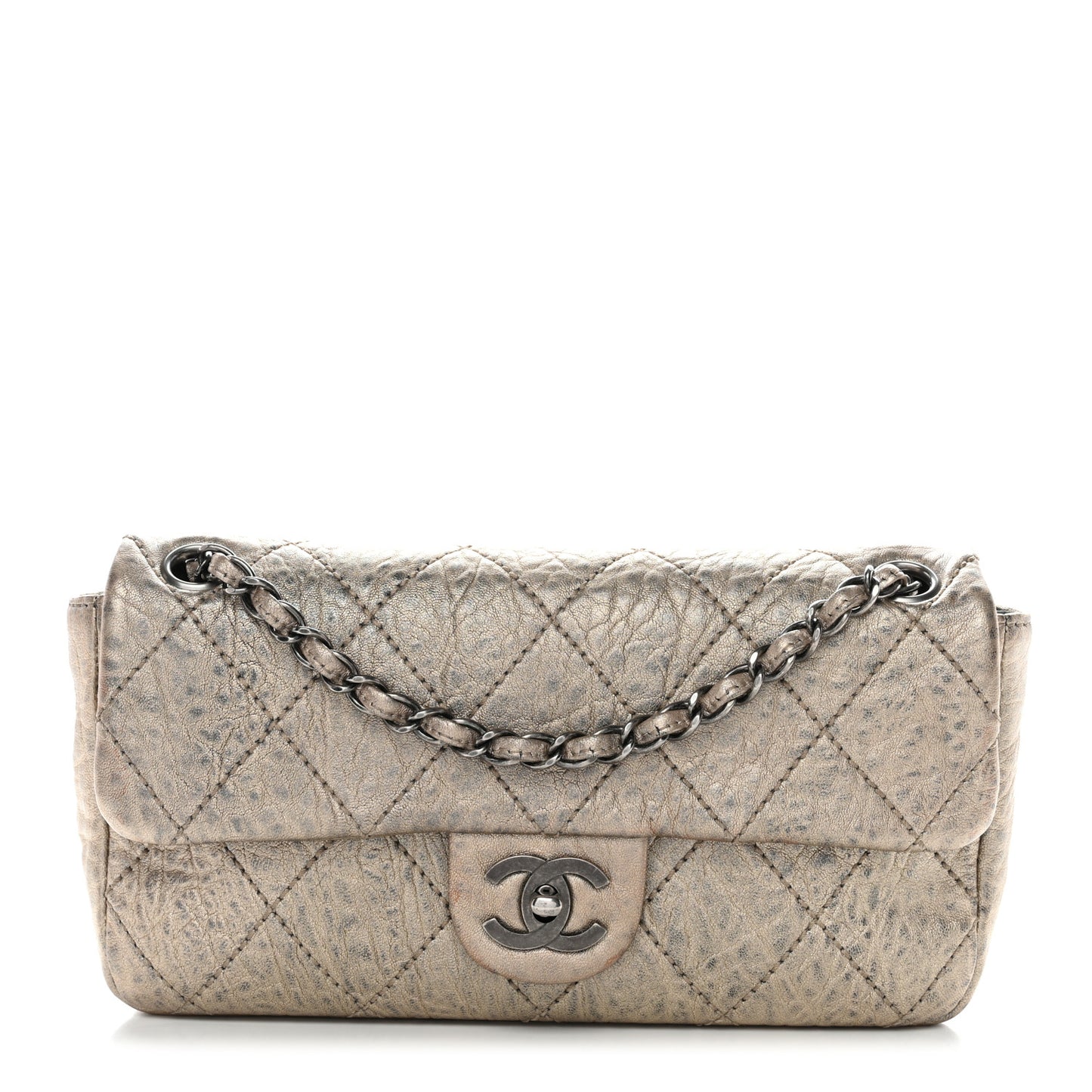 Distressed Metallic Lambskin Quilted Le Marais Ligne Flap Gold