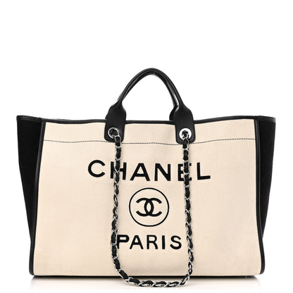 Chanel Wool Felt Calfskin Large Deauville Tote White Black 1 of 11