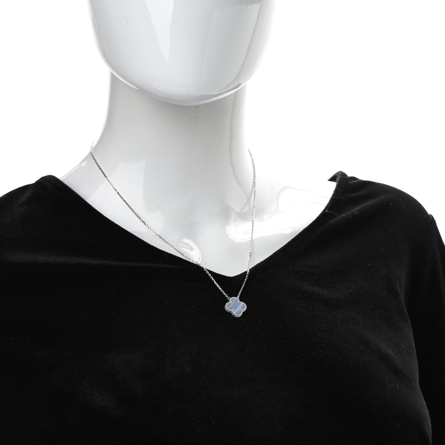 Van Cleef & Arpels 18K White Gold Chalcedony Vintage Alhambra Pendant Necklace 2 of 7
