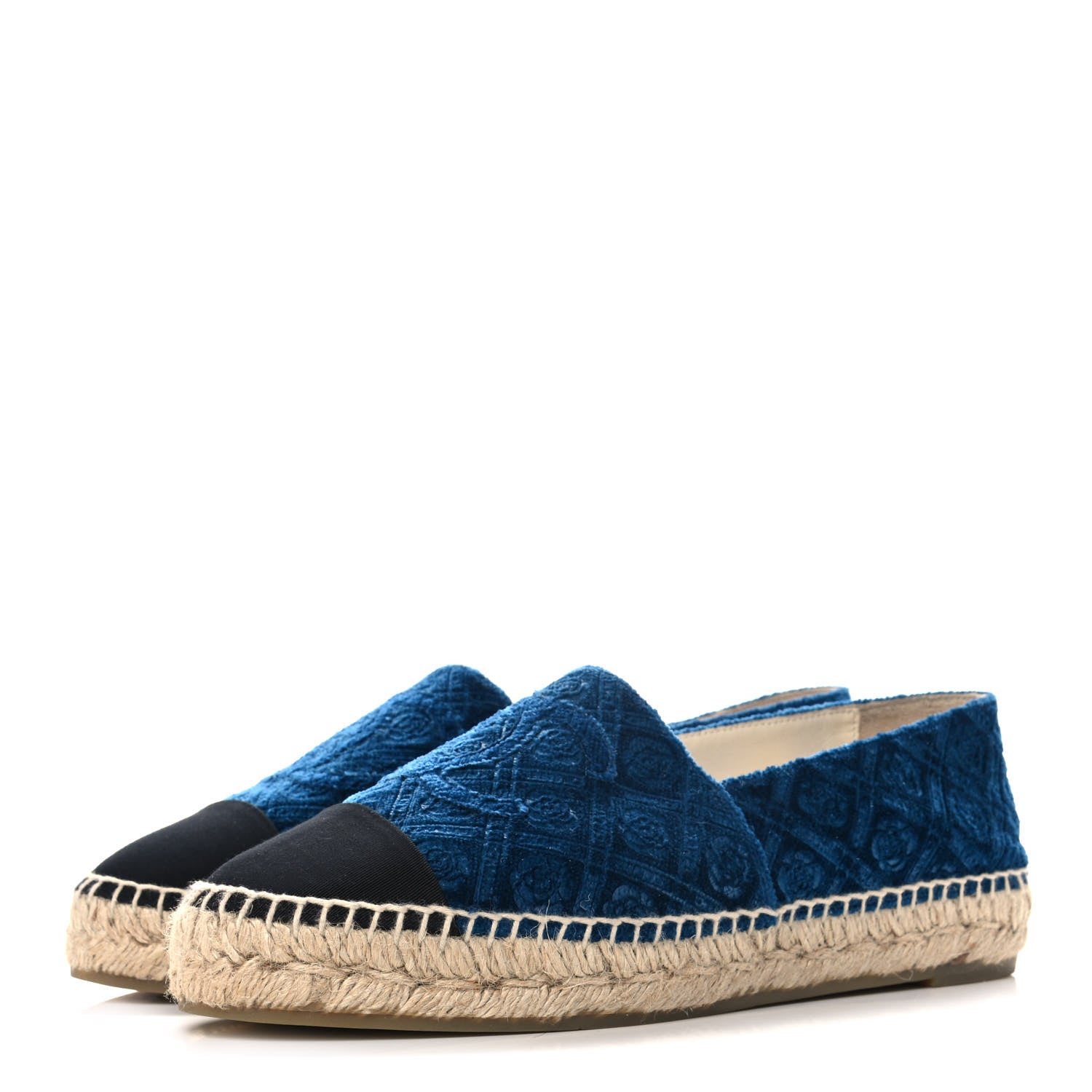 Chanel Velvet Grosgrain Quilted Camellia CC Espadrilles 38 Navy Black 3 of 10