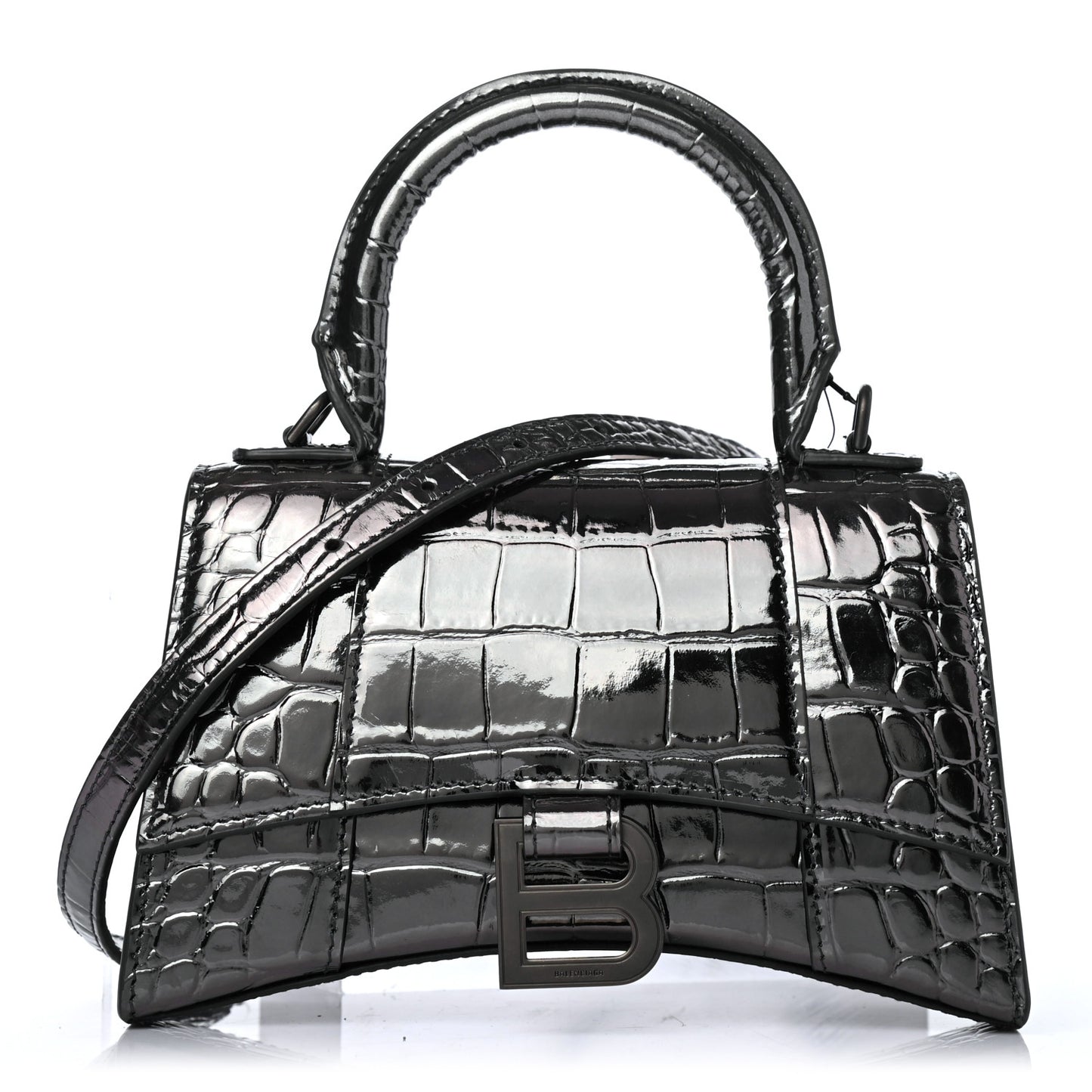 Shiny Calfskin Crocodile Embossed Hourglass Top Handle Bag XS Gunmetal