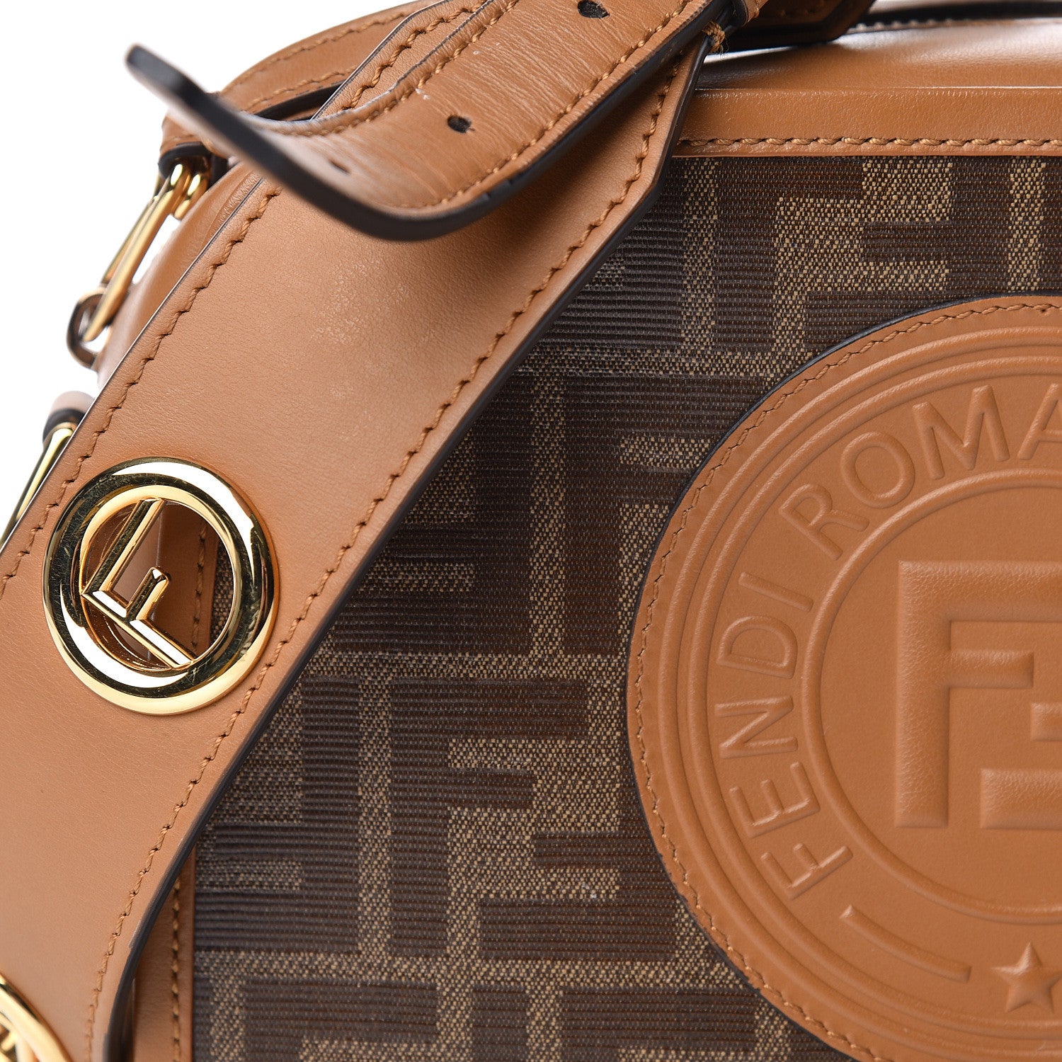 Fendi Glazed Fabric Vitello Century F is Fendi FF 1974 Stamp Patch Camera Case Mogano Panna Caramello 9 of 11