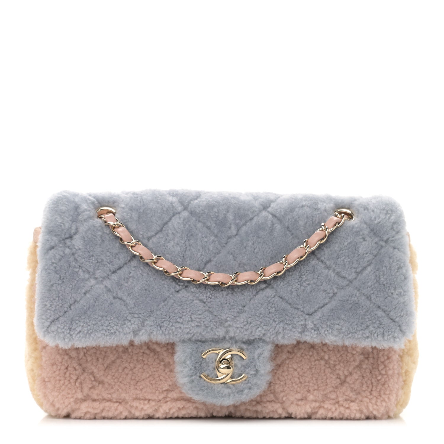 Chanel Shearling Sheepskin Single Flap Gray Pink Beige 1 of 12