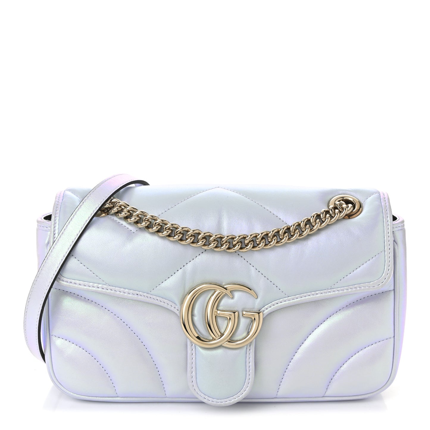Iridescent Nappa Chevron Matelasse Small GG Marmont Shoulder Bag Iridescent Snow Light Blue