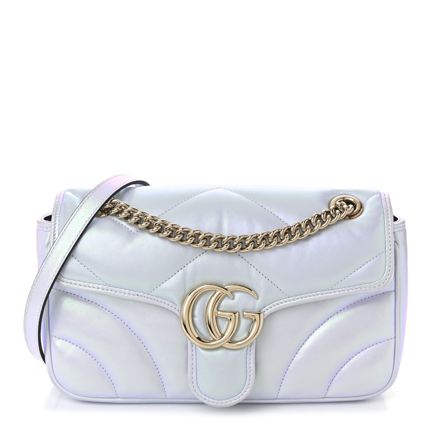 Gucci Iridescent Nappa Chevron Matelasse Small GG Marmont Shoulder Bag Iridescent Snow Light Blue 1 of 19