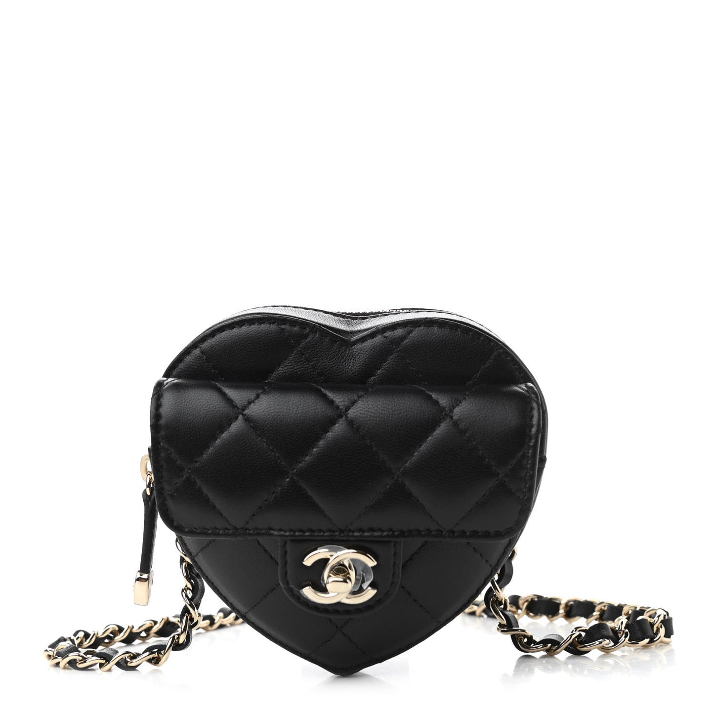 Lambskin Quilted CC In Love Heart Waist Belt Bag With Chain Black