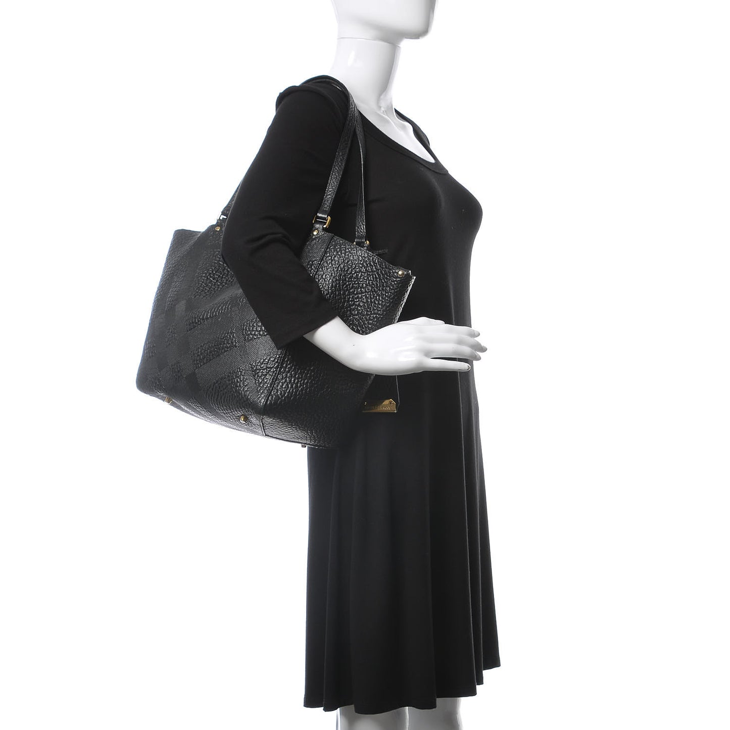 Signature Grain Calfskin Check Embossed Small Canterbury Tote Black