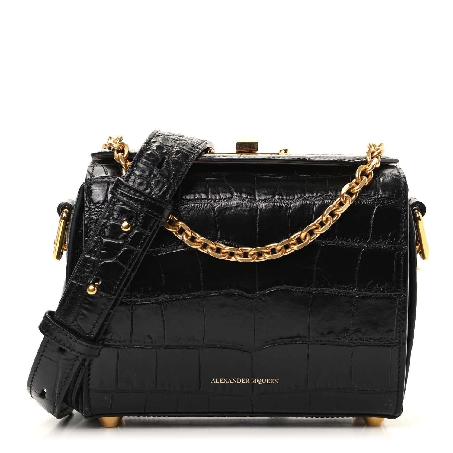 Alexander McQueen Calfskin Crocodile Embossed Box Shoulder Bag 19 Black 1 of 9