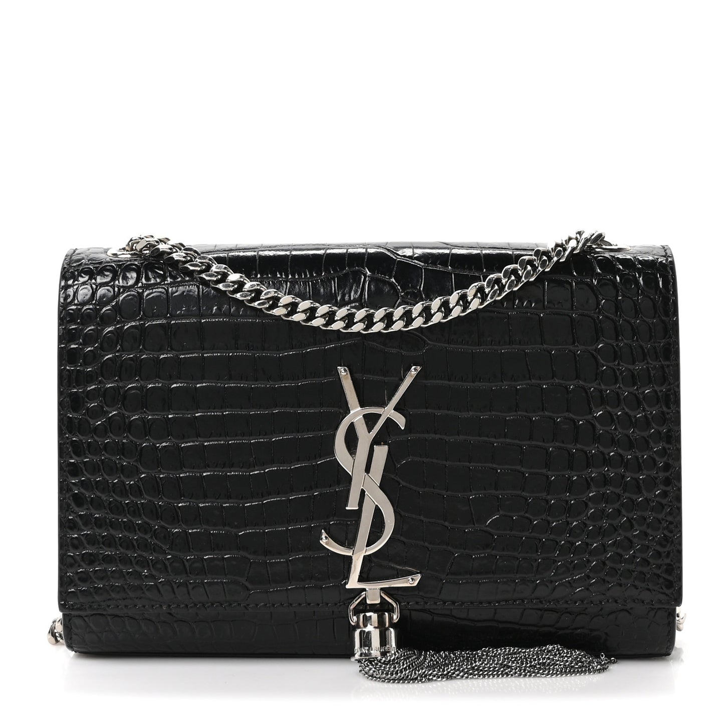 Calfskin Crocodile Embossed Small Classic Monogram Kate Tassel Satchel Black