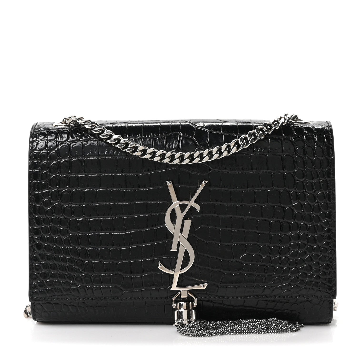Saint Laurent Calfskin Crocodile Embossed Small Classic Monogram Kate Tassel Satchel Black 1 of 9