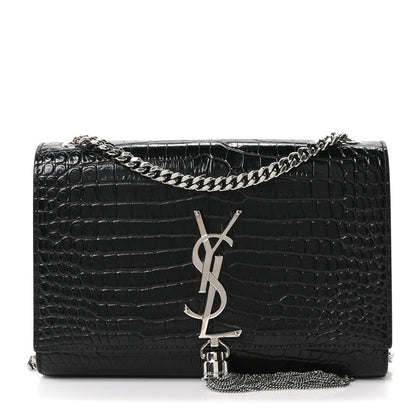 Saint Laurent Calfskin Crocodile Embossed Small Classic Monogram Kate Tassel Satchel Black 1 of 9