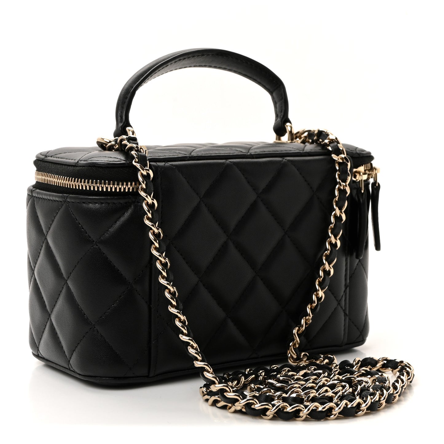 Lambskin Quilted Small Top Handle Vanity Case With Chain Black