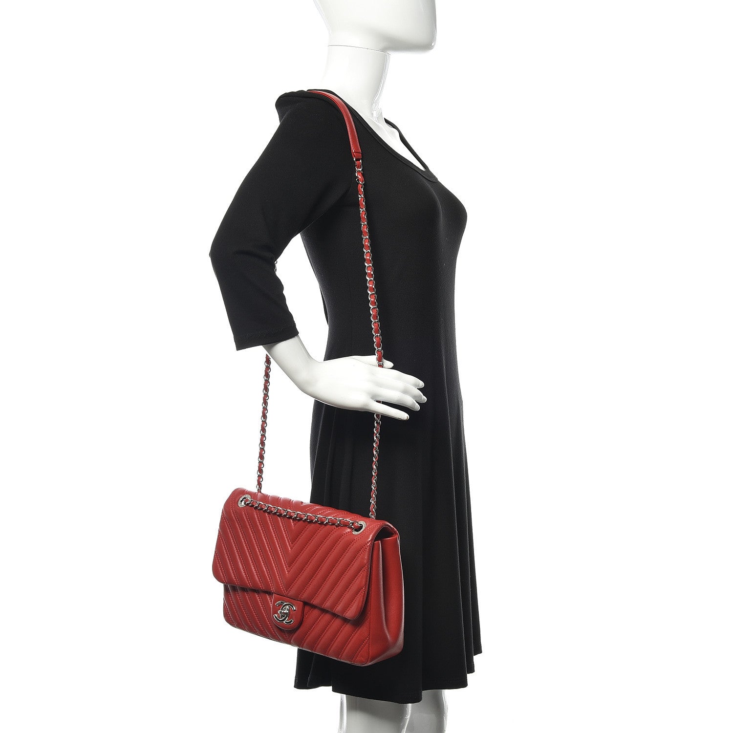Chanel Lambskin Chevron Double Stitch Jumbo Single Flap Red 2 of 13
