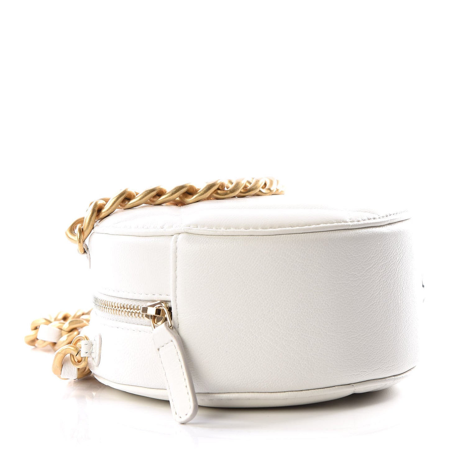 Goatskin Quilted 19 Round Clutch With Chain White
