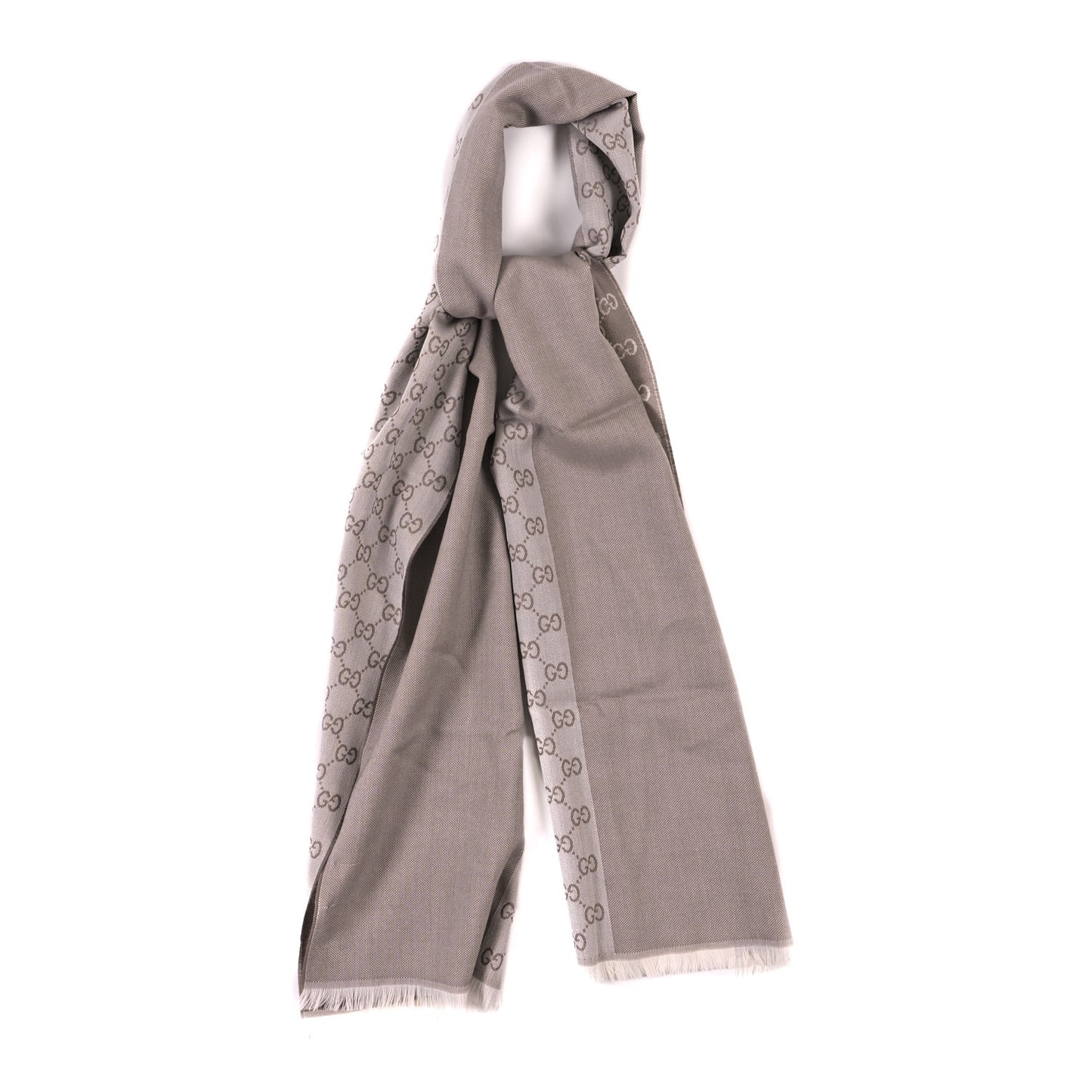 Wool GG Monogram HalfGG Fringe Scarf Ivory Beige