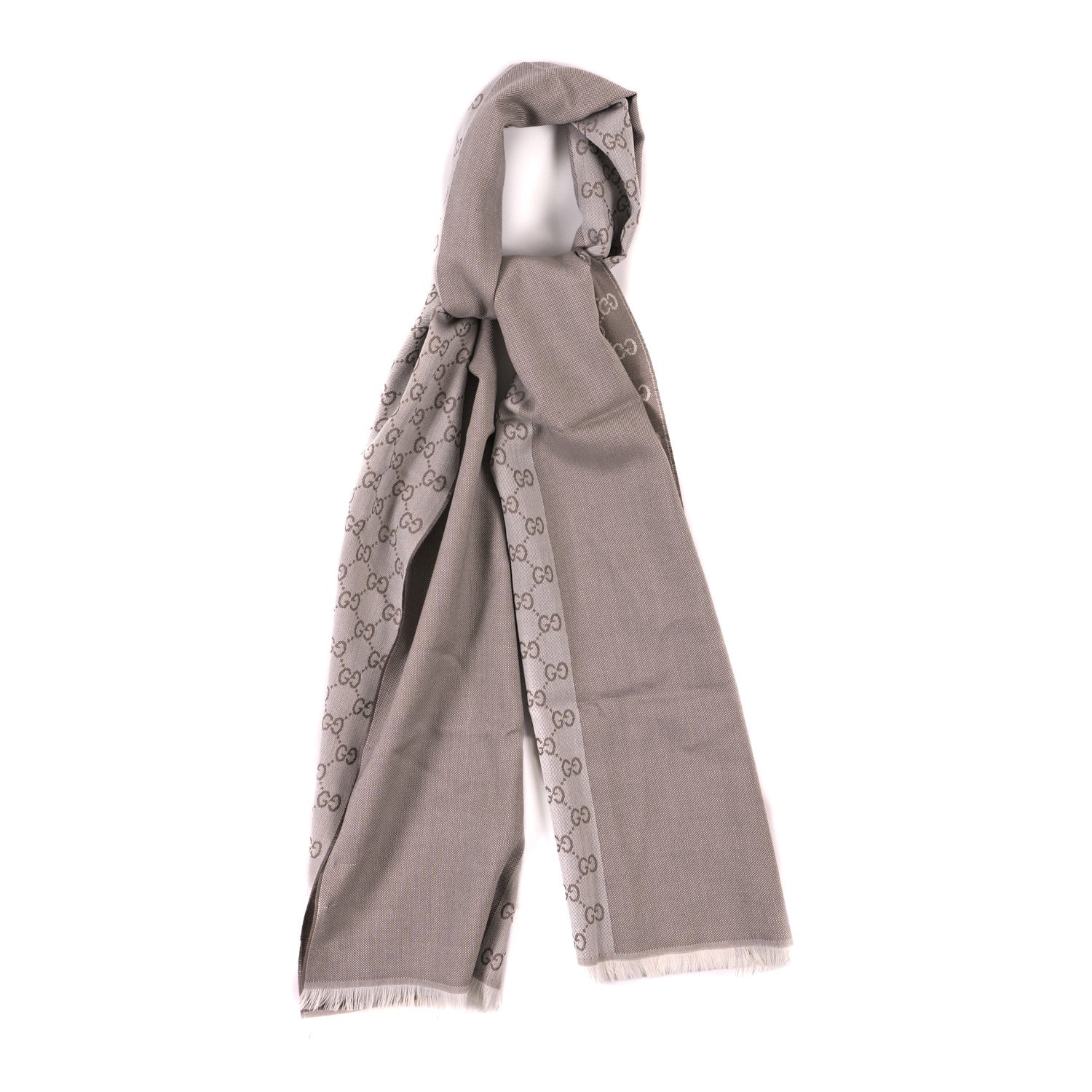 Gucci Wool GG Monogram HalfGG Fringe Scarf Ivory Beige 1 of 4