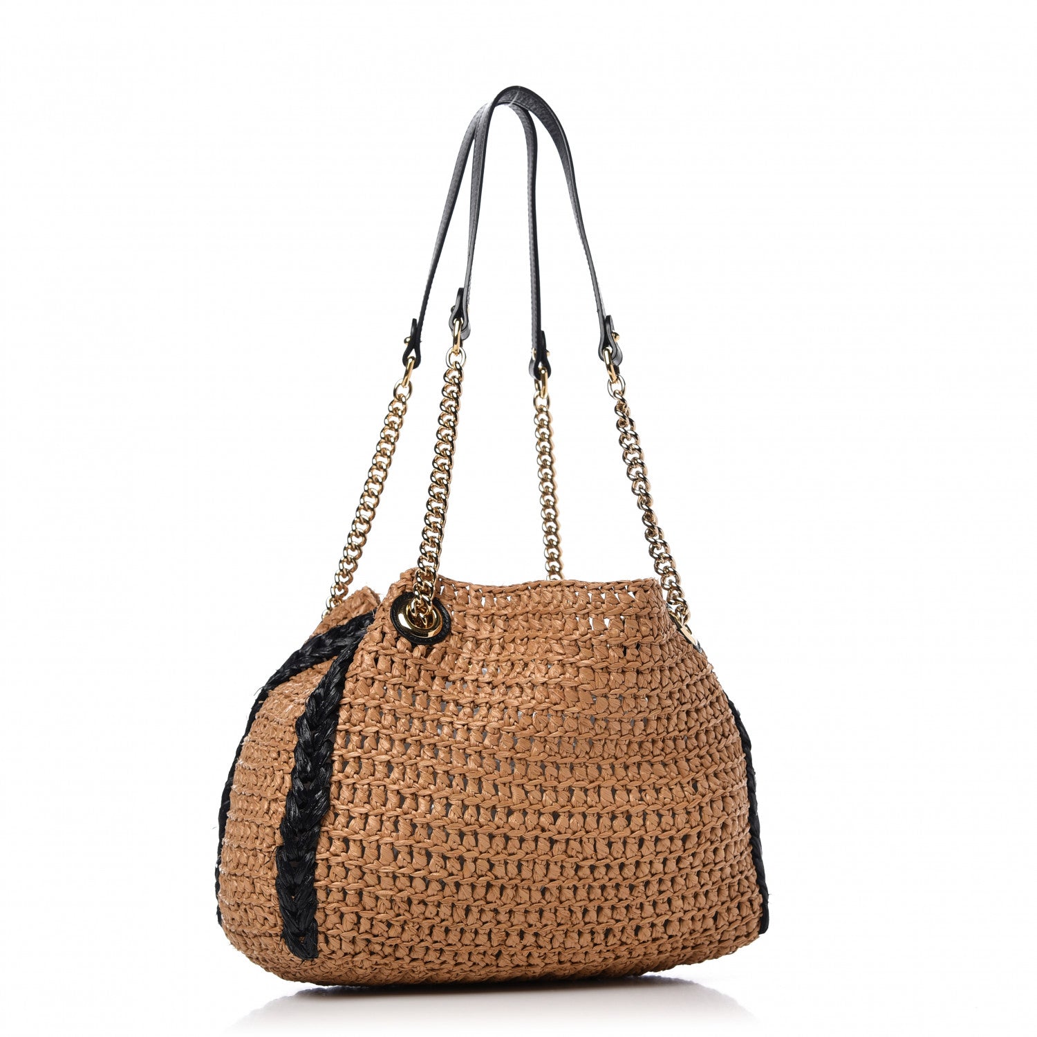 Gucci Raffia Effect Medium GG Marmont Shoulder Tote Bag Natural Black 3 of 10