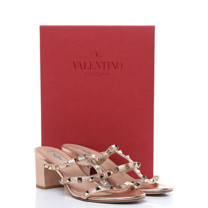 Valentino Garavani Metallic Pebbled Calfskin Rockstud 60mm Caged Slide Sandals 41 Rame 11 of 11