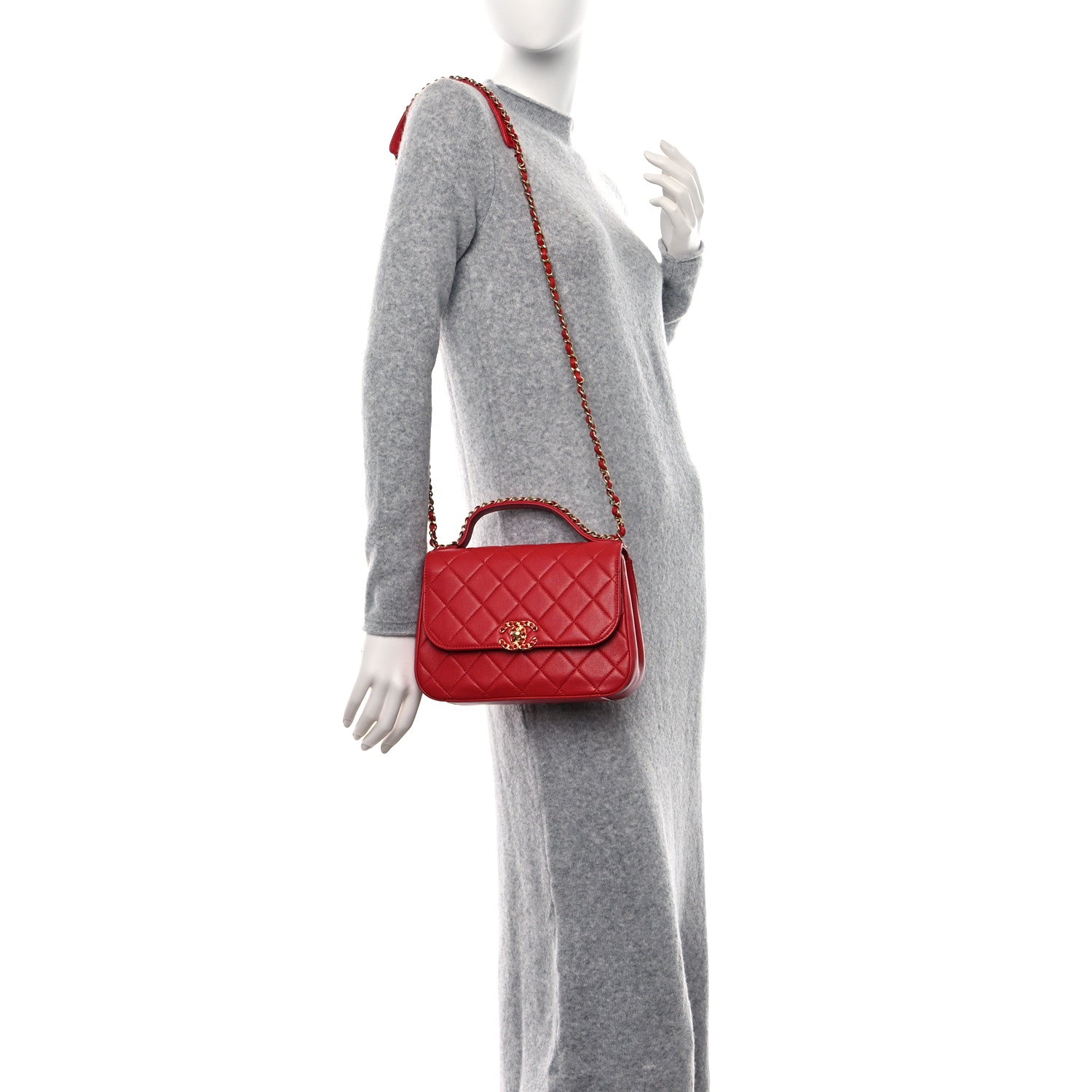 Chanel Lambskin Quilted Chain Infinity Top Handle Flap Red 2 of 10
