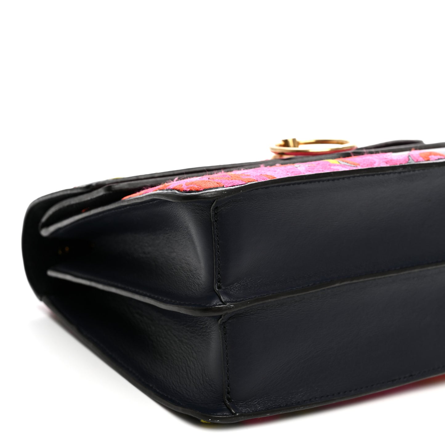 Smooth Calfskin Embroidered Floral Harlow Satchel Navy Multicolor