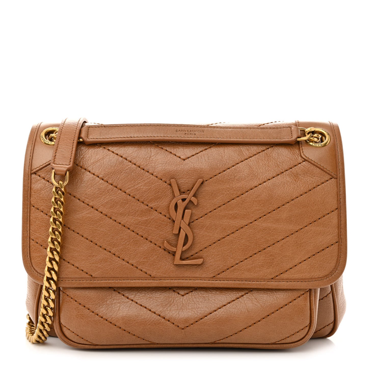 Crinkled Calfskin Matelasse Monogram Medium Niki Chain Satchel Light Caramel