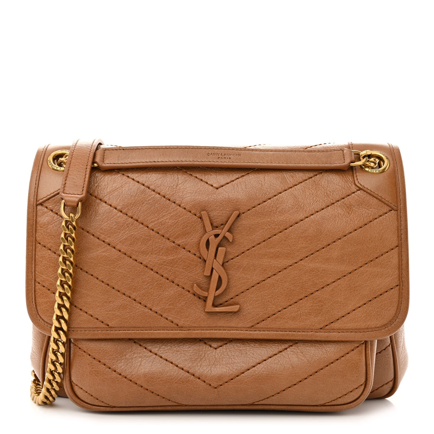 Saint Laurent Crinkled Calfskin Matelasse Monogram Medium Niki Chain Satchel Light Caramel 1 of 10