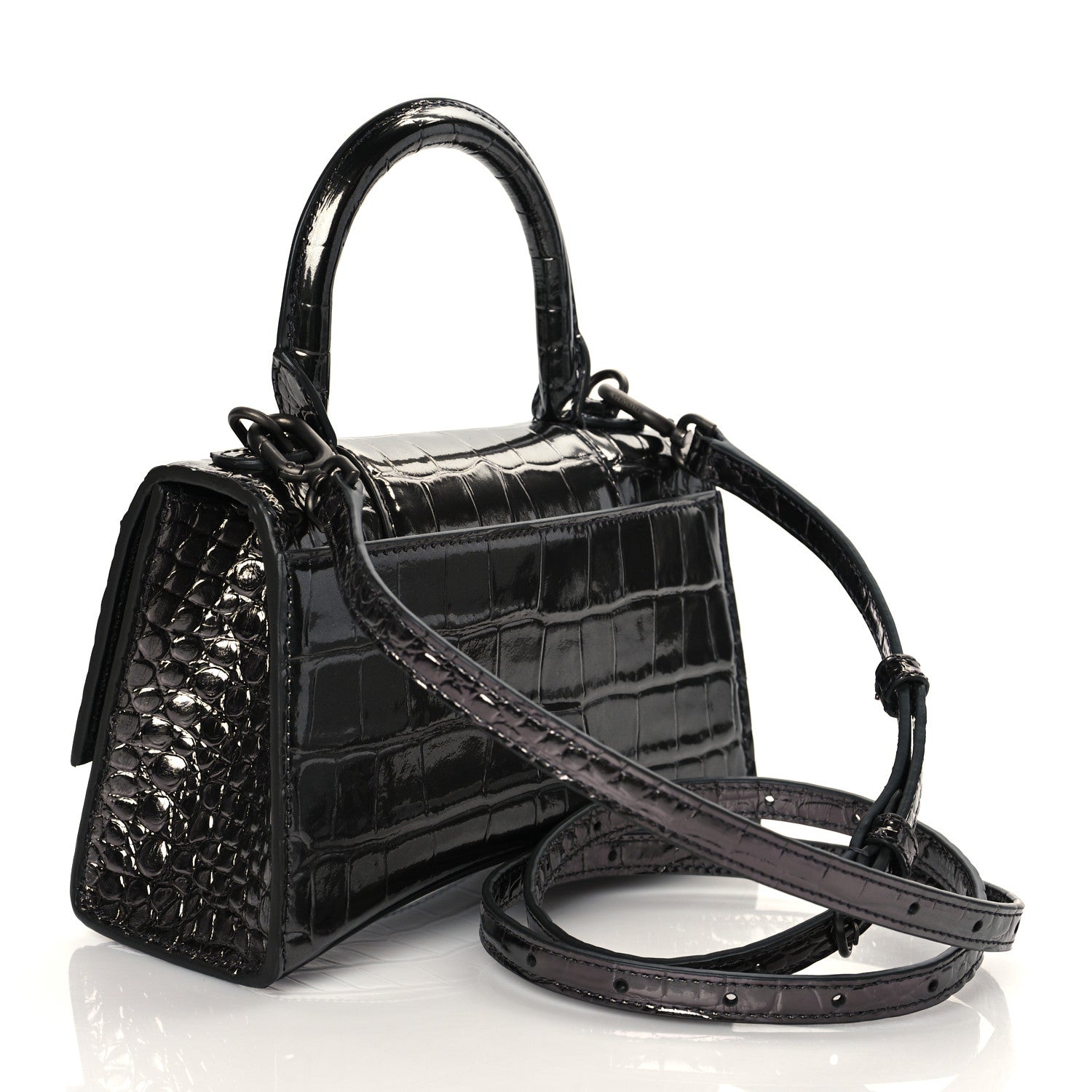 Balenciaga Shiny Calfskin Crocodile Embossed Hourglass Top Handle Bag XS Gunmetal 2 of 9