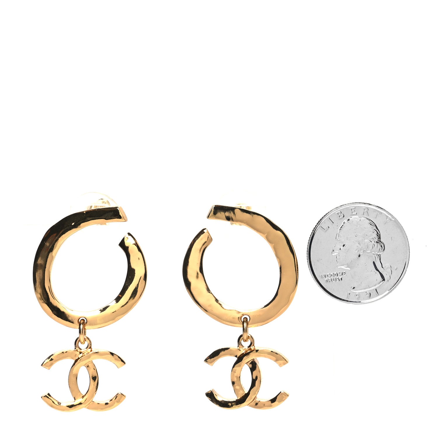 Chanel Metal Textured Hoop Drop CC Earrings Gold 2 of 4