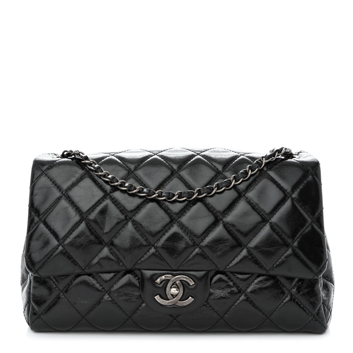 Glazed Calfskin Quilted Large Coco Soft Flap Black