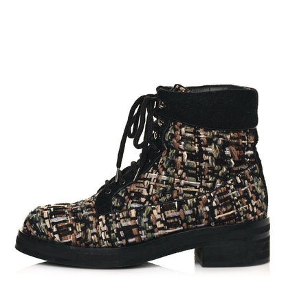 Chanel Tweed Lace Up Short Boots 38.5 Green Brown Black 1 of 7