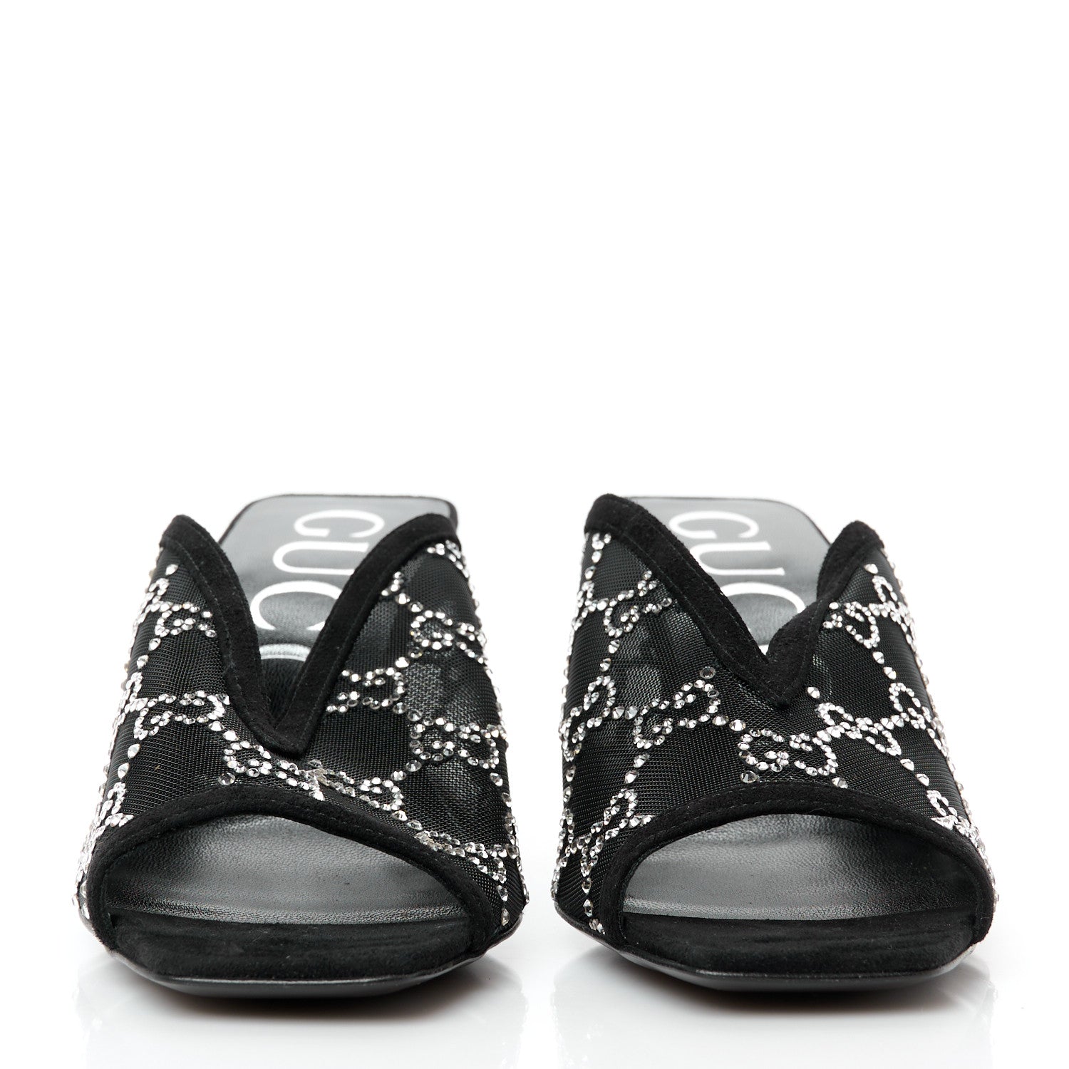 Gucci Tela Retino Kid Scamosciato Crystal GG Monogram Square G 95mm Slide Sandals 37 Black 3 of 9