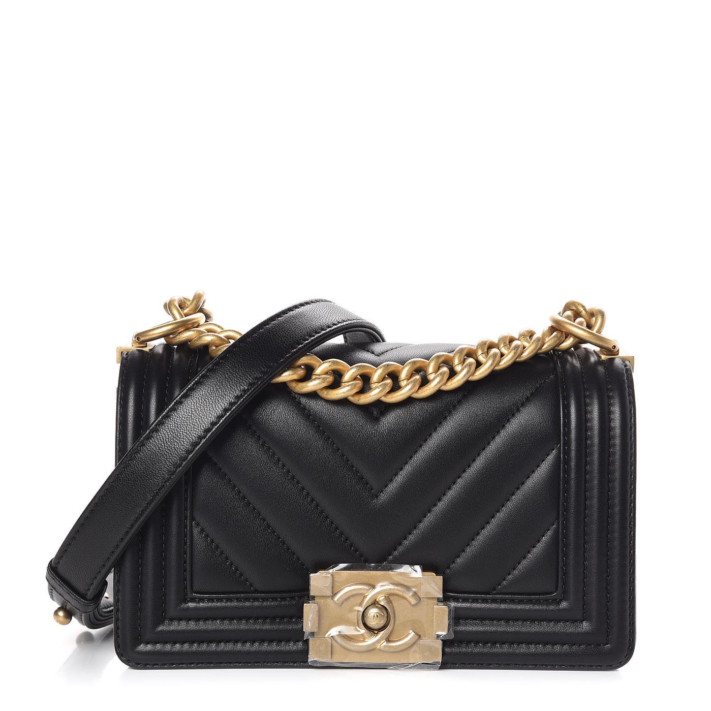 Lambskin Chevron Quilted Small Boy Flap Black