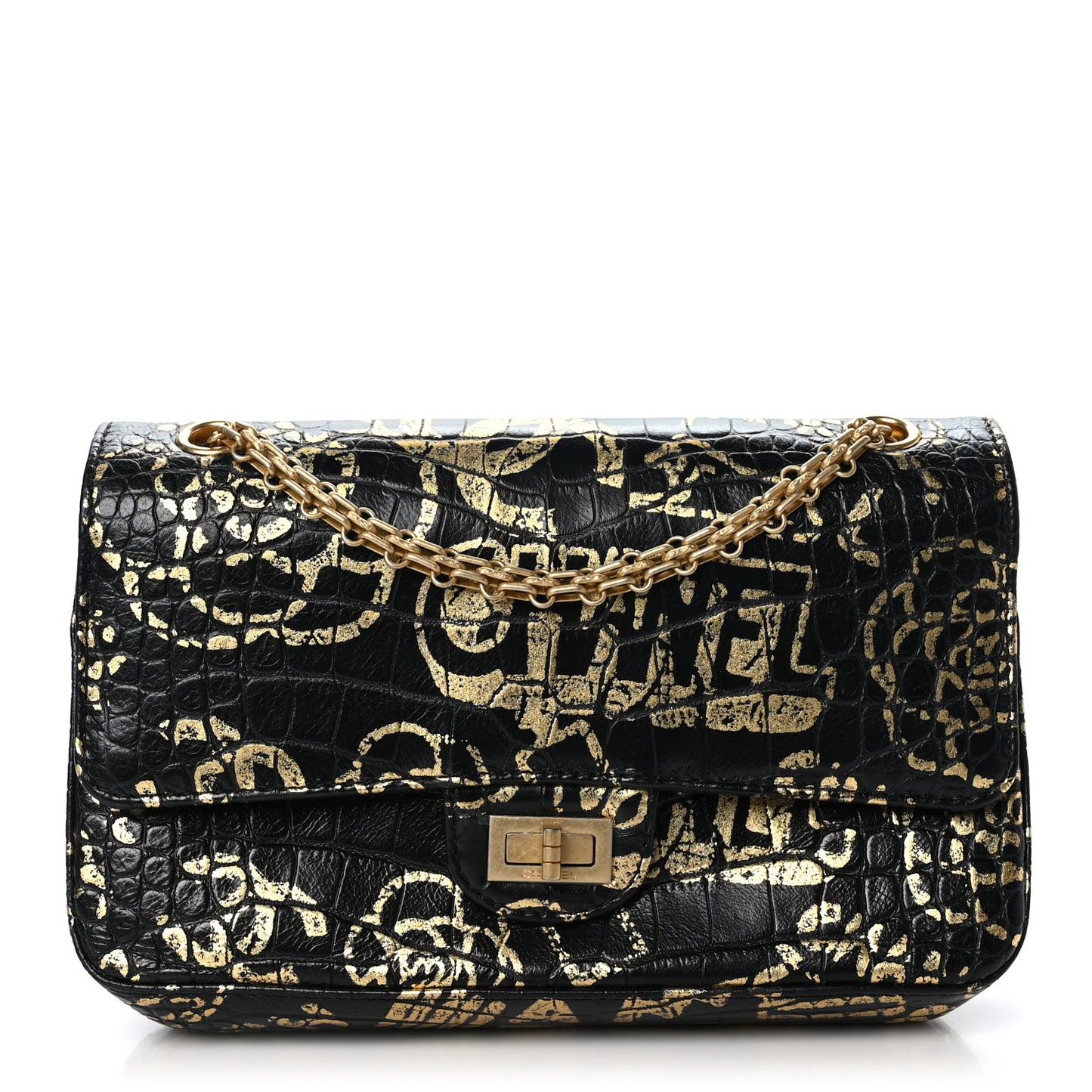 Calfskin Crocodile Embossed Graffiti 2.55 Cocodile Reissue 225 Flap Black Gold